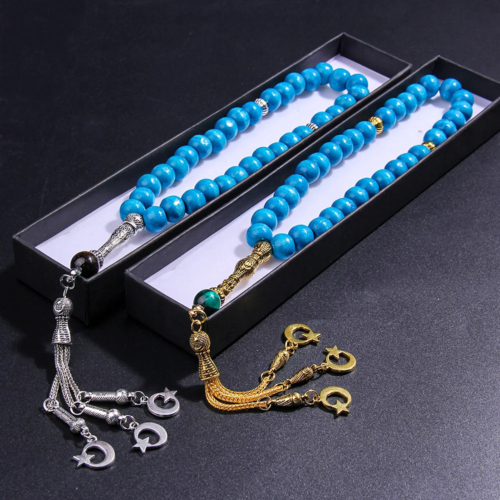 10x12mm Blue Wooden Muslim Rosary Beads Bracelet Classic Handmade Leaf Pendant Bracelet Ramadhan Festival Gift