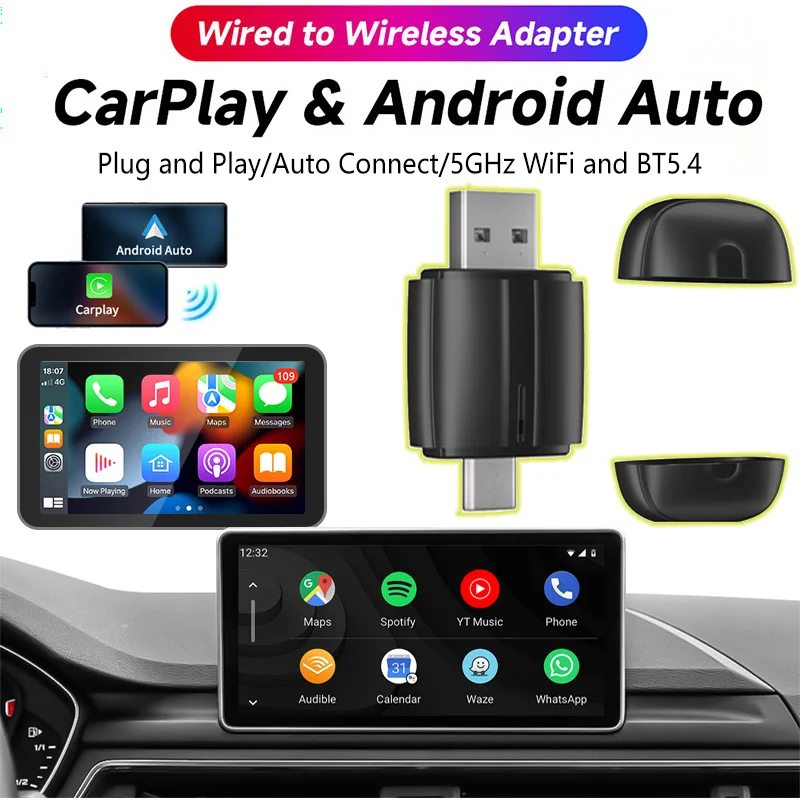 Carplay Android 2-In-1 Wired To Wireless Car Display Modification Mini Box Usb Type-C Dual Port Interconnection Wireless Adapter