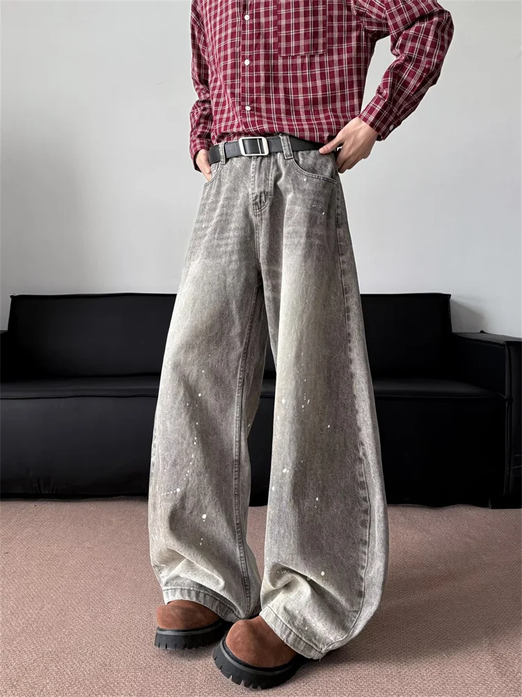 

American Cleanfit Men's Street Style Jeans Knife Wide Leg Floor Length Grey Loose Fit Casual Straight Leg Jeans