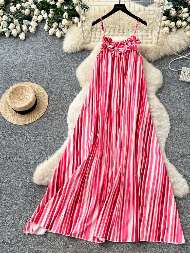 Women Pink Striped Floral Camisole Dress Korean Style Vintage Maxi Dress Vacation Style A-Line Maxi Dress for Women Summer 2026