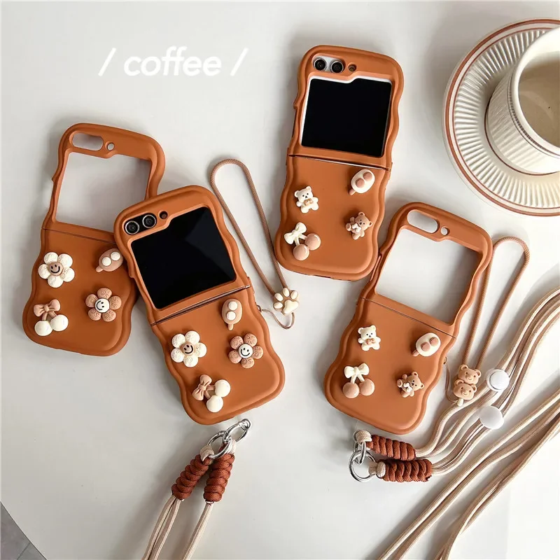 3D Cute Cherry Flower Bear Phone Case for Samsung Galaxy Z Flip 3 Z Flip 4 Z Flip 5 Hard PC Back Cover for ZFlip5 Case Shell