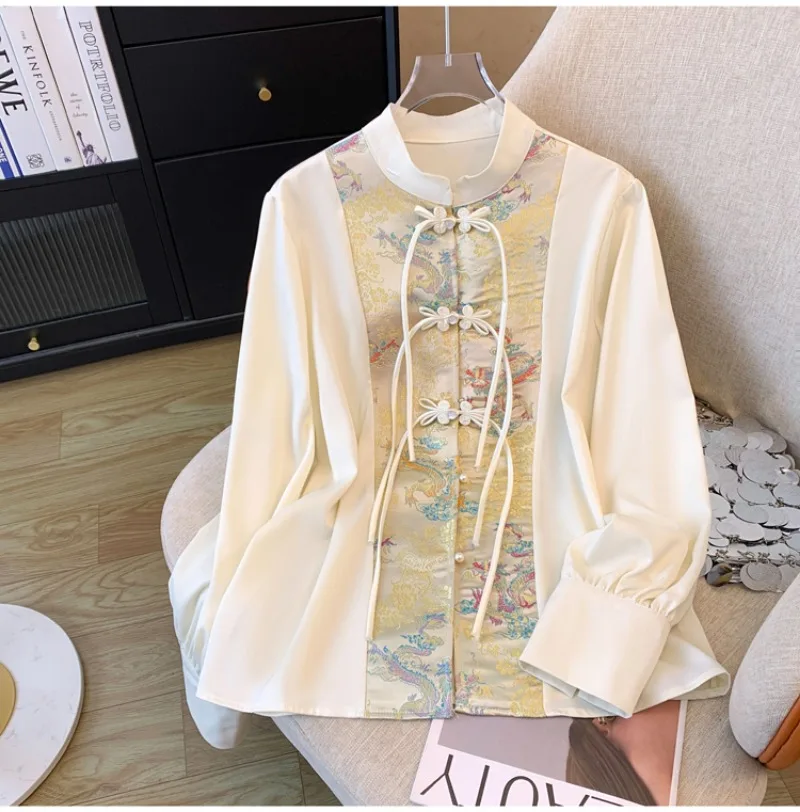 Satin Chinese Style Women\'s Shirt Loose Print Blouses Fashion Spliced Clothing Long Sleeves Spring/Summer Women Tops