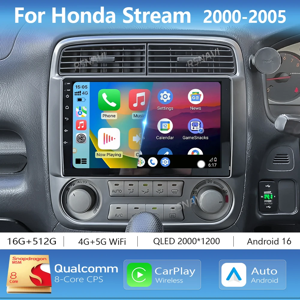Android 16 Carplay Auto 2K Screen Car Multimedia Radio Player For Honda Stream 2000 - 2005 Autoradio GPS Stereo 2Din Head Unit
