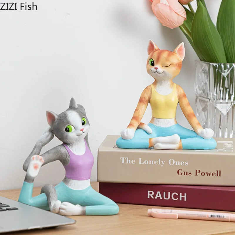 Yoga Cat Ornaments Resin Animal Sculpture Phone Holder Decoration Crafts Figurines Home Accessories Display Miniatures Gift