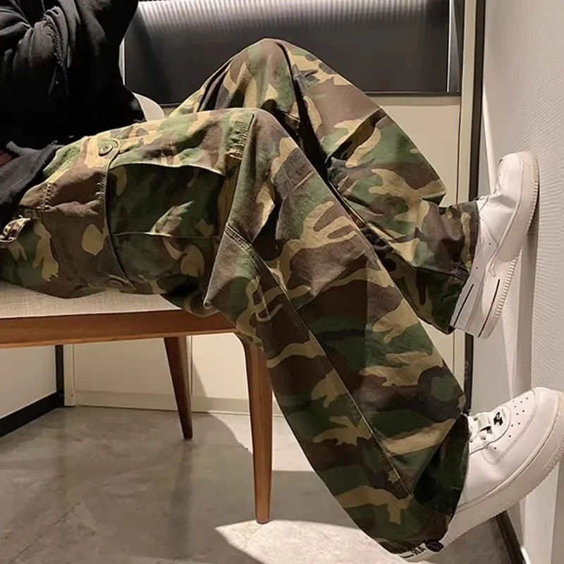 

Trendy Vintage Camouflage Cargo Pants Men's Loose-fit Straight-leg High Street Hip Hop Ins Hong Kong Style Wide-leg Trousers