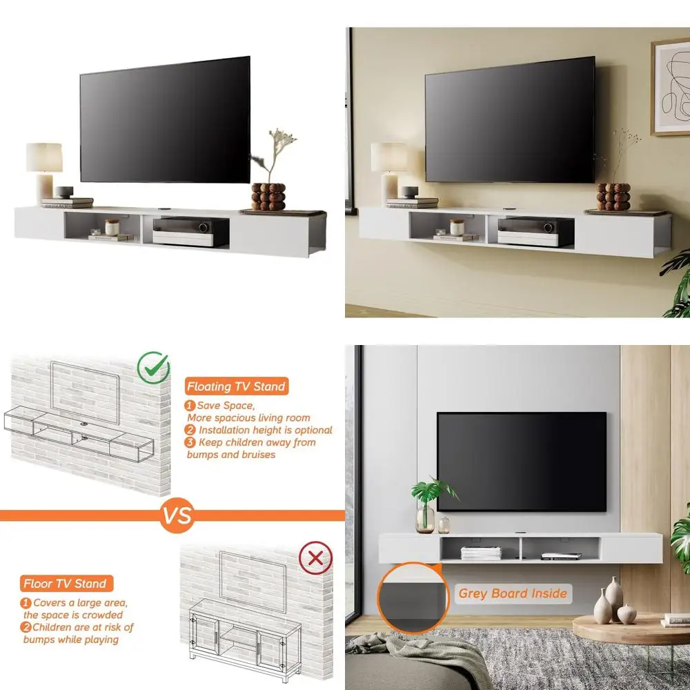 

White 70 Wall-Mounted TV Shelf for 75 TVs, Storage TV Stand for Living Room, Entertainment Center