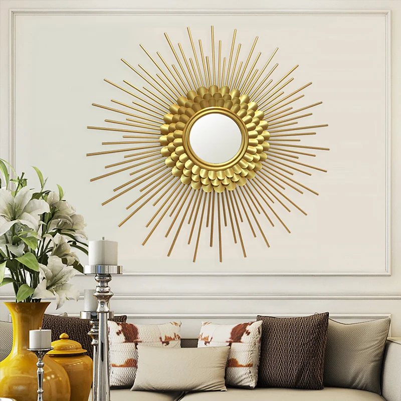 

Creative Iron Sun Pendant for Living Room, Luxury Wall Hanging Mirror, Home Hallway Decorations, Sofa Background Metal Wall Art