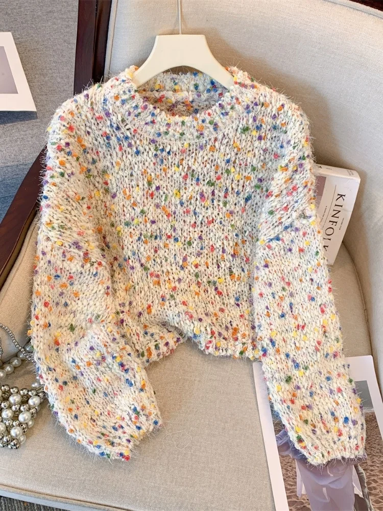 เสื้อสเวตเตอร์ถักไหมพรมผู้หญิง Sweet Sle เนื้อนุ่ม ลายจุด ดีไซน์ขนแกะเทียม สำหรับฤดูใบไม้ร่วง ให้ความอบอุ่น ยาวคลุมเข่า