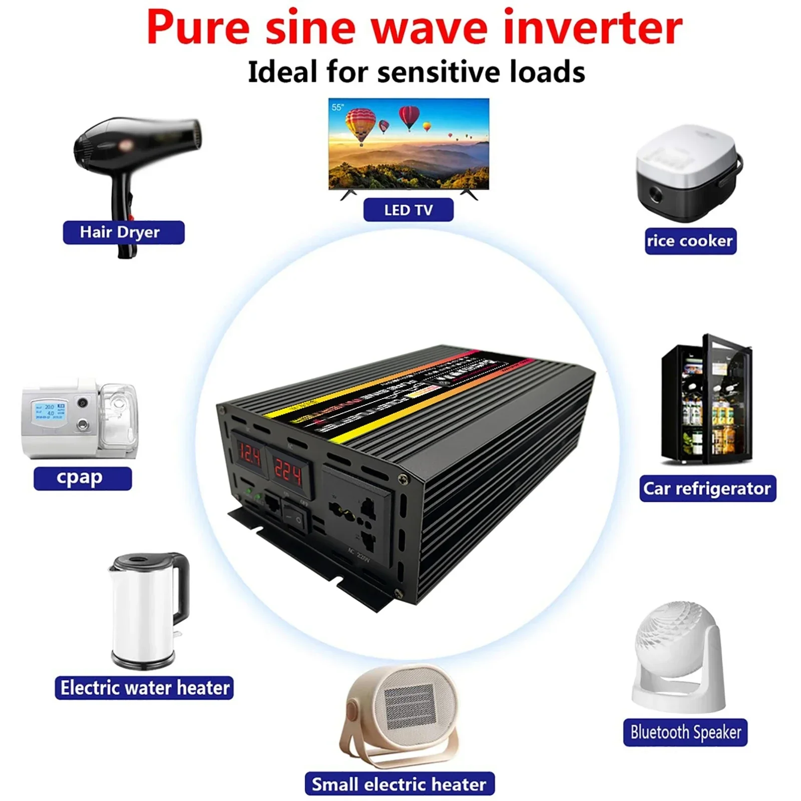 10000W Pure Sine Wave Power Inverter DC 12V 24V To AC 220V Inverter for Solar System Home Outdoor Car TV Fan