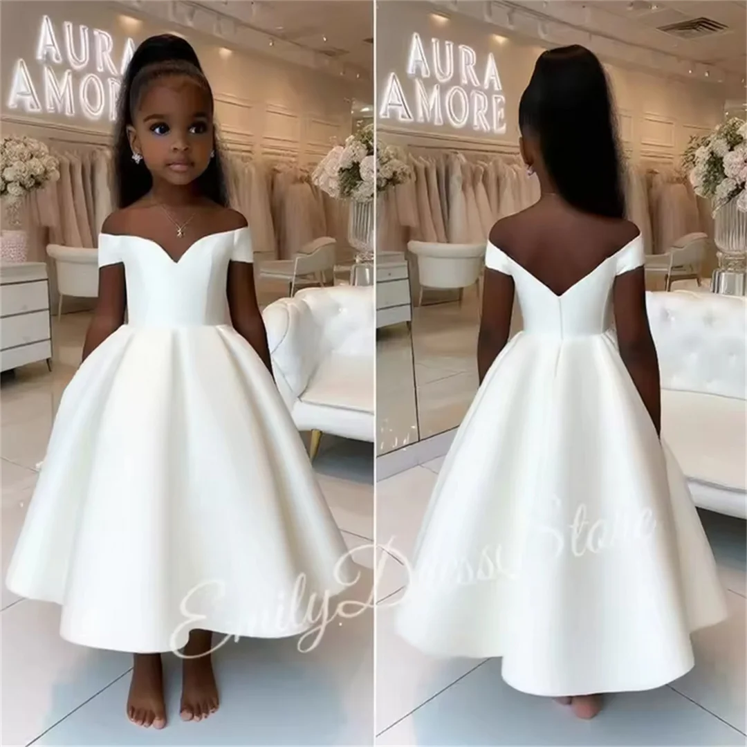 Customized White Satin Flower Girl Dresses For Wedding Simple Off The Shoulder Puffy Kids Birthday Party First Communion Gown