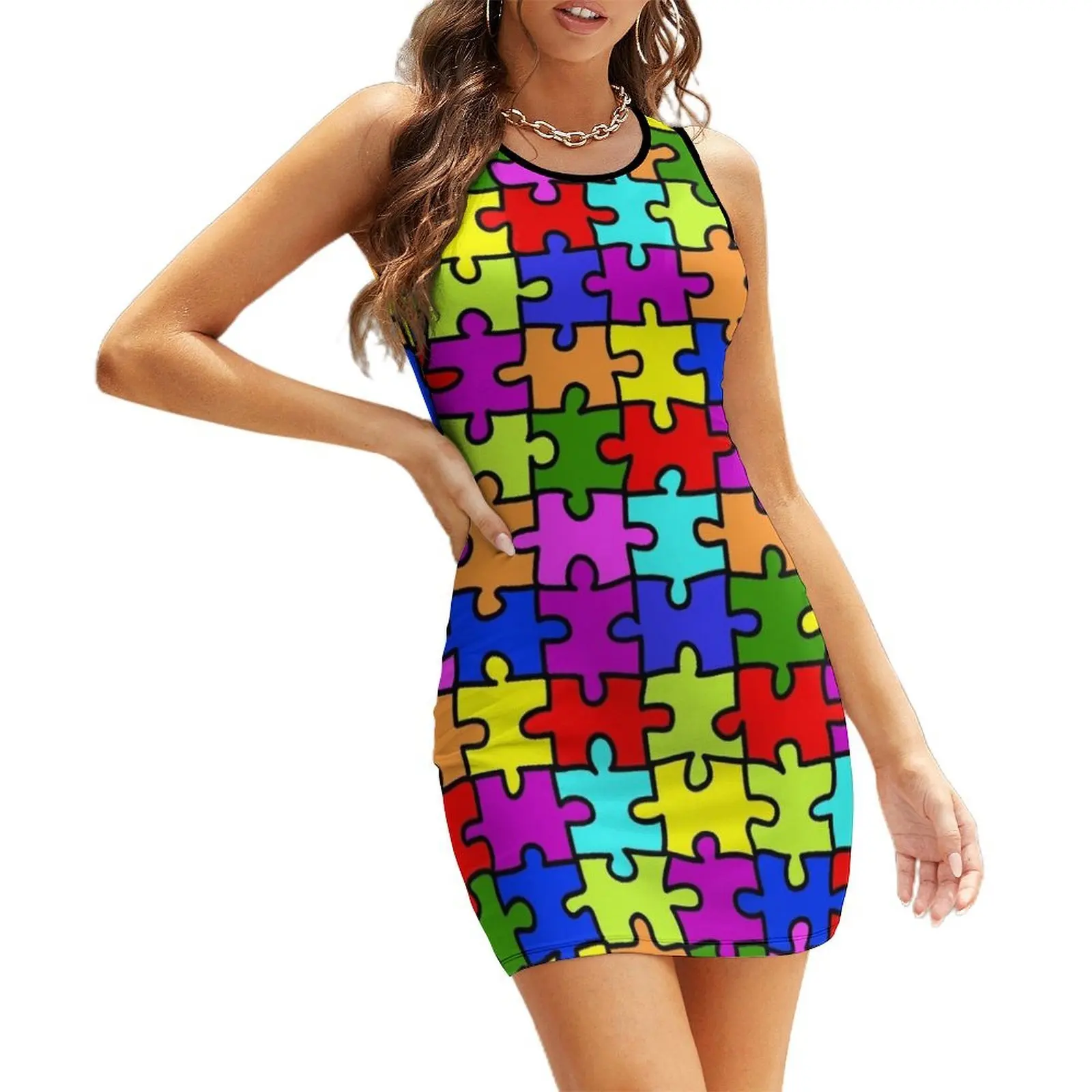 

Colorful rainbow jigsaw puzzle pattern- autism awareness Sleeveless Sundress party dresses women dresses summer woman 2025