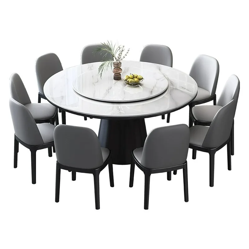 

Modern and simple, thickened round solid wood dining table and chair combination, home hotel light luxury with turntable table