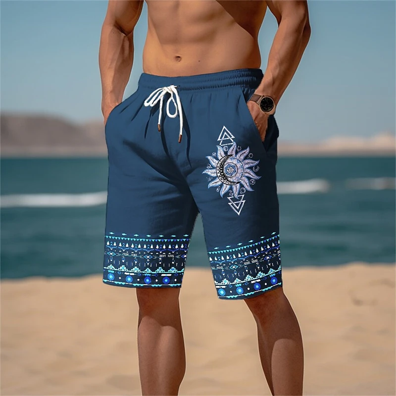 Retro Ethnic Style Graphic Beach Shorts For Men Summer Drawstring Pockets Casual 3D Printed Short Pants Fashion Loose Swim Trunk
