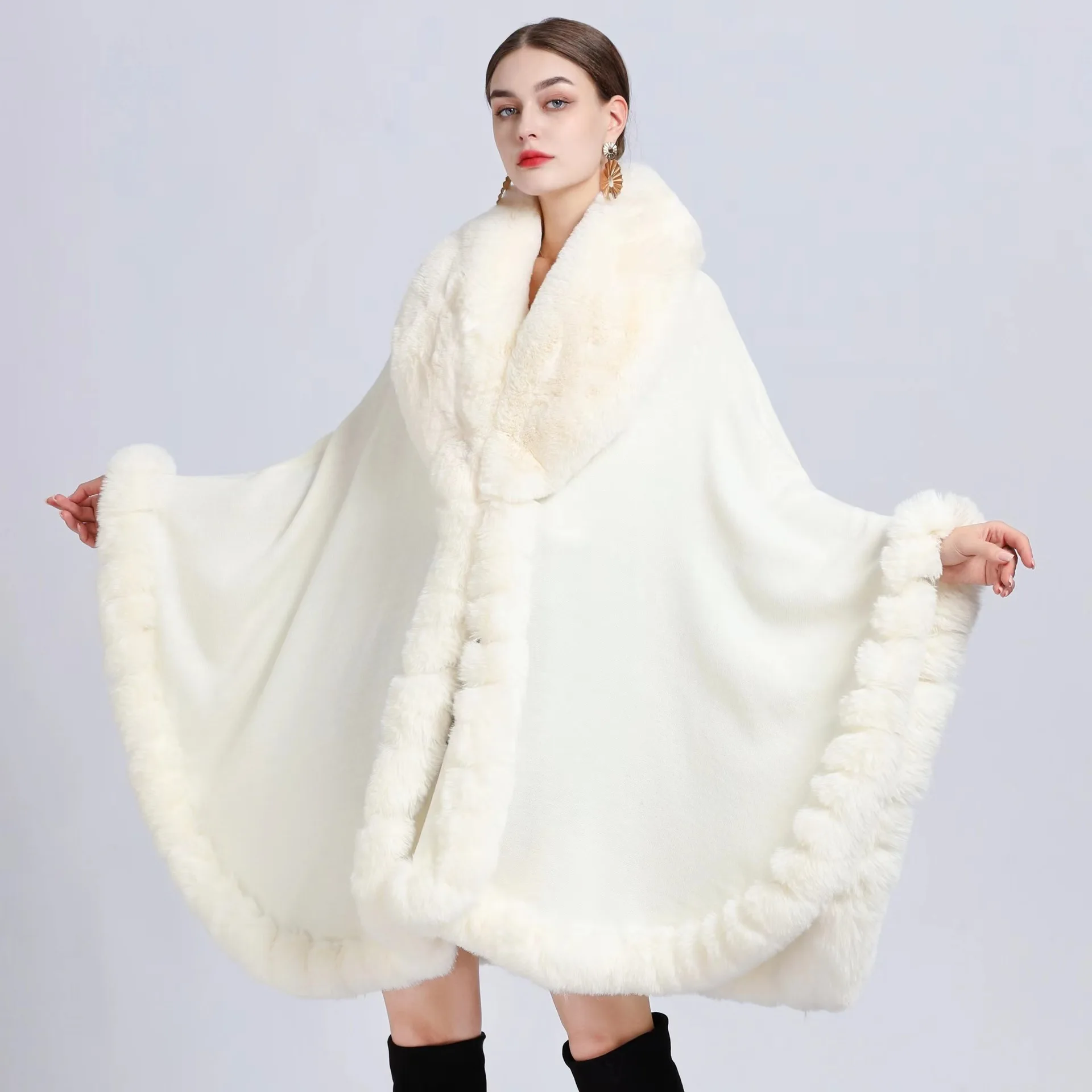 

Autumn and Winter New Imitation Otter Rabbit Fur Collar Shawl Cape Plus Size Knitted Cardigan Loose Jacket for Women
