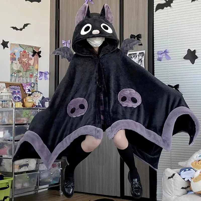 Trend Anime Bat Sleeved Blanket For Women Fluffy Kawaii Ponchos Soft Loose Cloak Shark Cartoon Pajamas Coral Velvet Hooded Cape