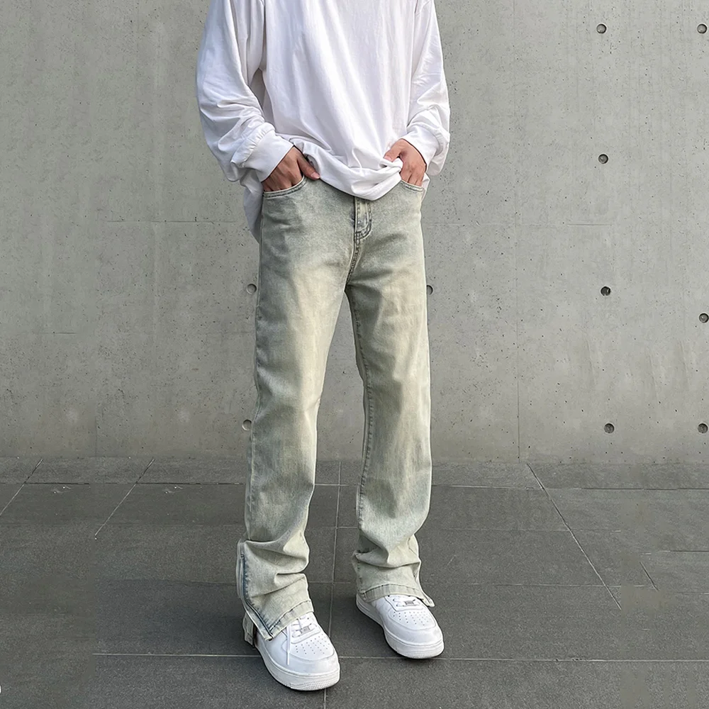 Skinny Jeans Men Y2k Autumn Fashion Casual Vintage Fit Distressed Simple Solid Color Trousers Zip Faint Yellow Slim Denim Pants