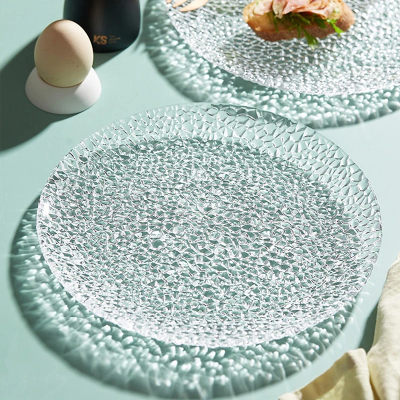 Nordic Ivylinna Lee Glass Plate Home Hammer Plate Flat Creative Fruit Plate Snack Plate Salad Dessert Plate Household Tableware