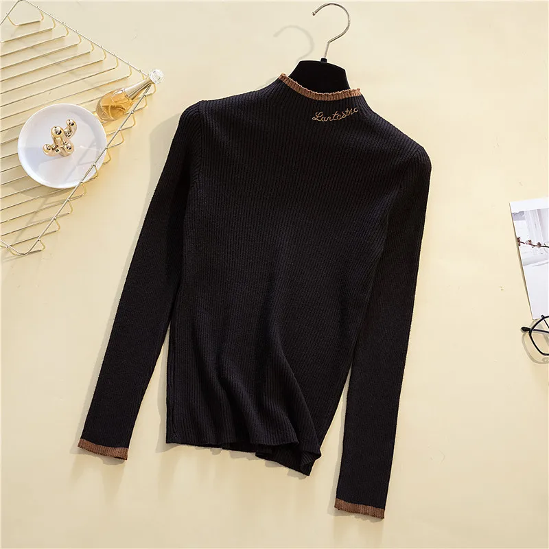 Embroidery Mock Neck Pullover Knitted Sweater Autumn Winter Women\'s Sweater Korean Fashion Long Sleeve Soft Slim Female Tops