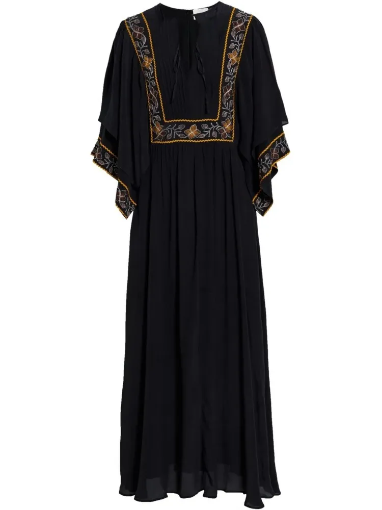 Vestido de vacaciones bordado Retro negro con cuello en V mangas de murciélago vestido largo informal de playa Vestidos bohemios para mujer 2025