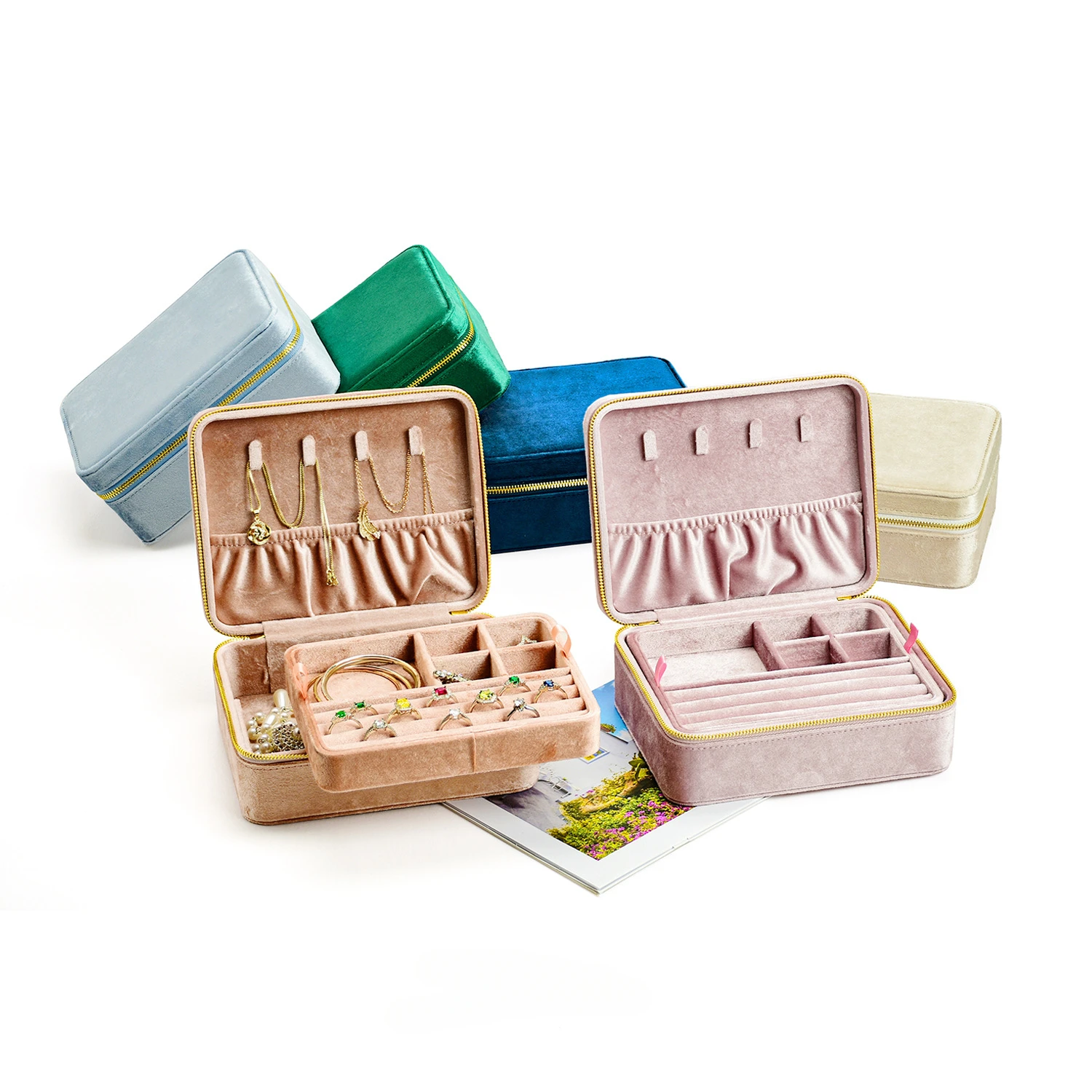 

Velvet Jewelry Box Simple and Portable Luxury Pink Storage Box Large Capacity Double-Layer Premium Gift Case