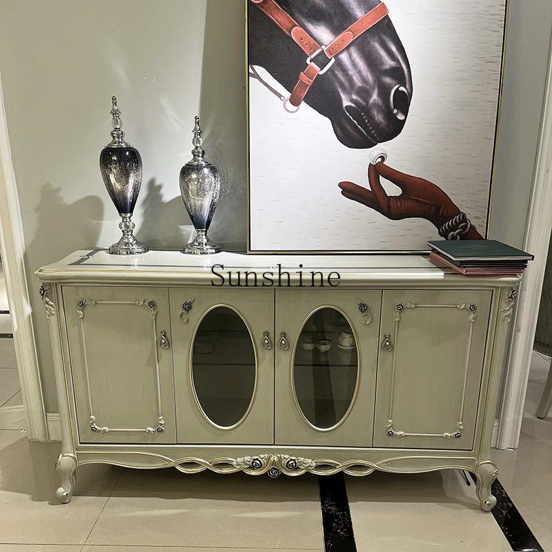 

European solid wood dining side villa furniture carved storage light luxury style living room side cabinet