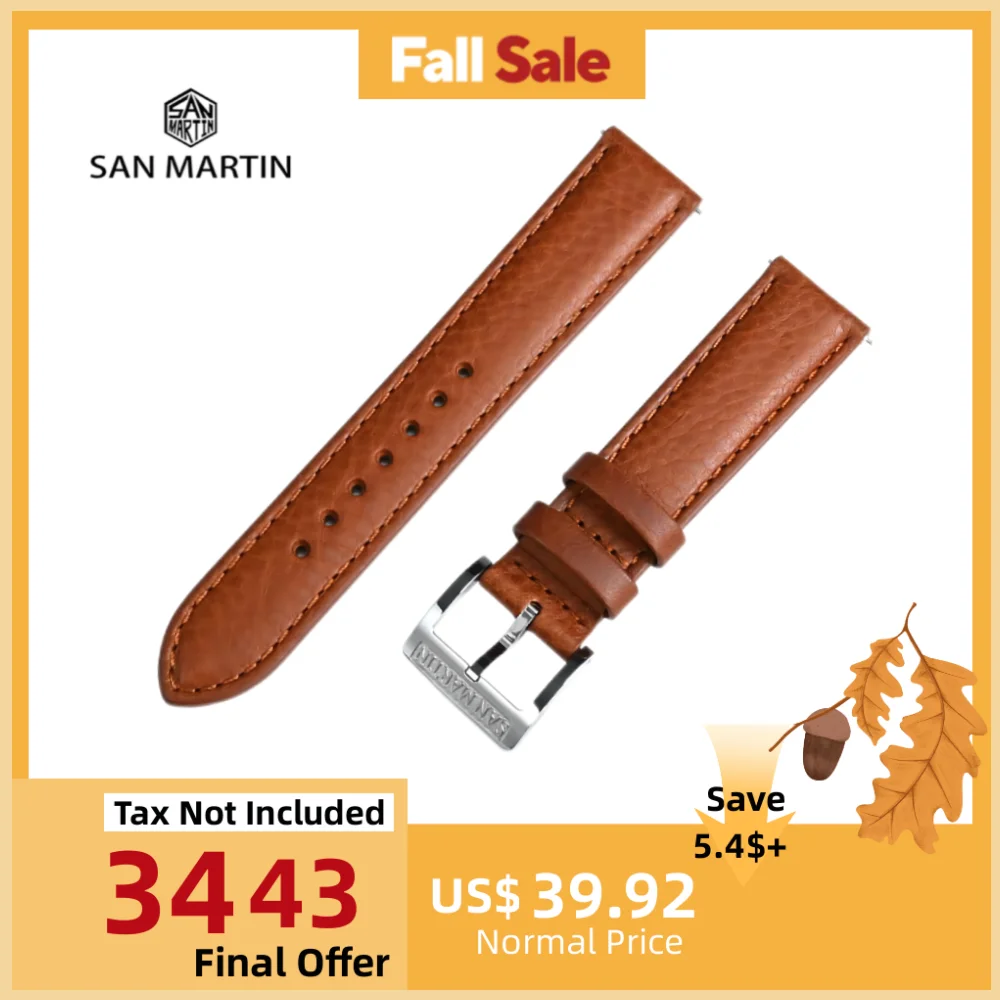 

San Martin Watchband Leather 20mm Natural Litchi Pattern Full Grain Textured Cowhide Watch Strap Band Sweat Comfortable BD0013