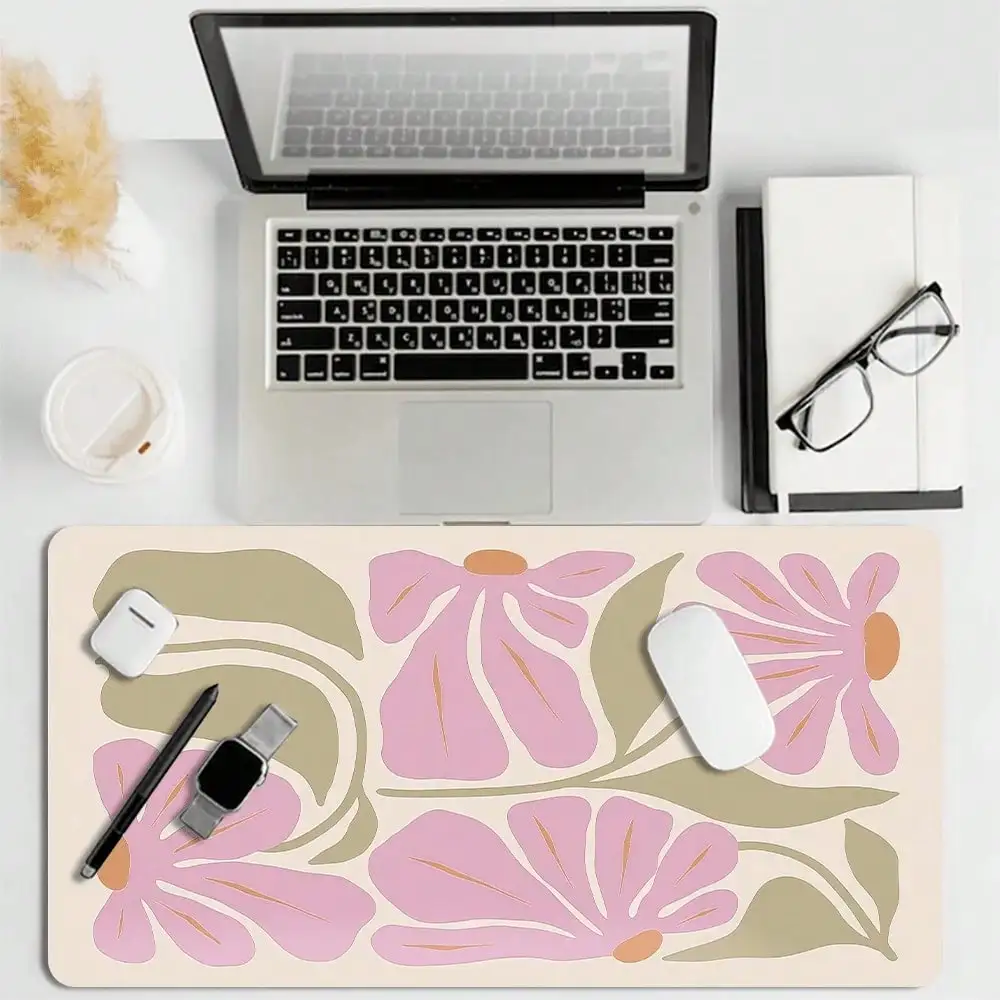 1pc Extra Large Floral Mouse Pad - Elegant Pink And Beige Floral Design, XXL Rubber Desktop Mat, Stitched Edges, Suitable For Women, Artists And Gamers