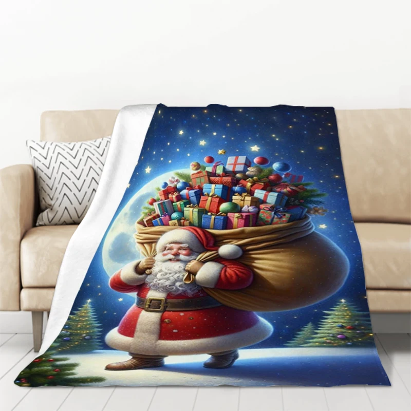 Cute Santa Claus Pine Tree Elk Gift Fleece Blanket for Winter Plaid Blankets Microfiber Bedding Plead Cover Roboca Poly Downy