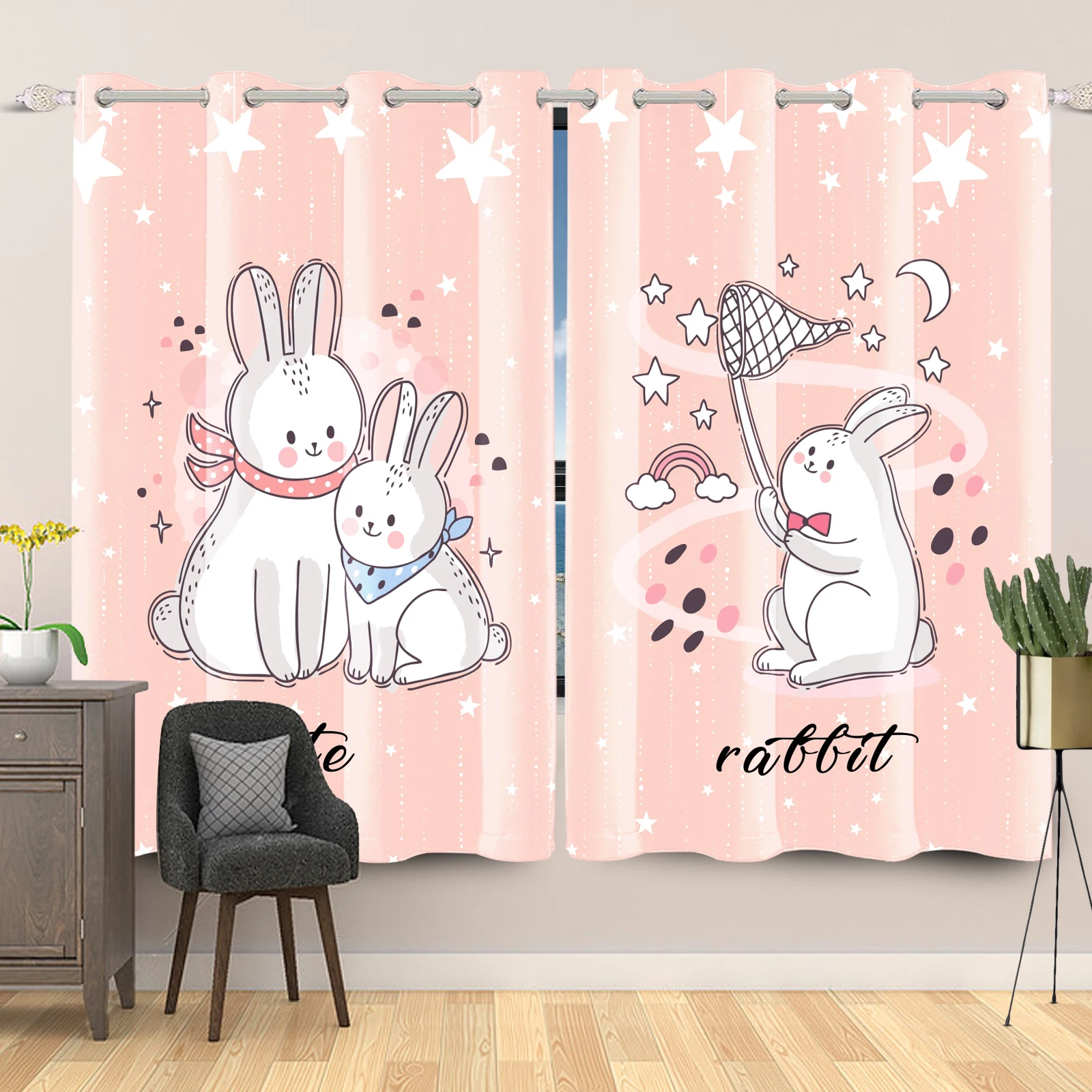 

2pcs Cute Rabbit Pink Blackout Curtain Girls Bedroom Decoration Apartment Living Room Darkening Thermal Insulated Window Curtain