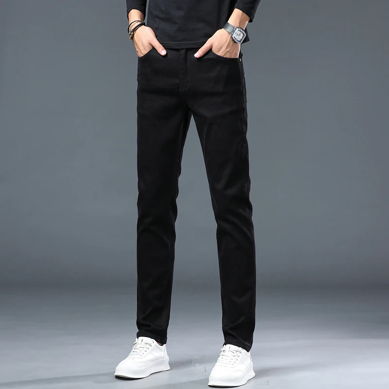 Pantalones vaqueros informales de negocios de alta gama para hombres, pantalones elásticos rectos delgados para jóvenes, pantalones simples de moda, negro, Otoño, nuevo, 2024