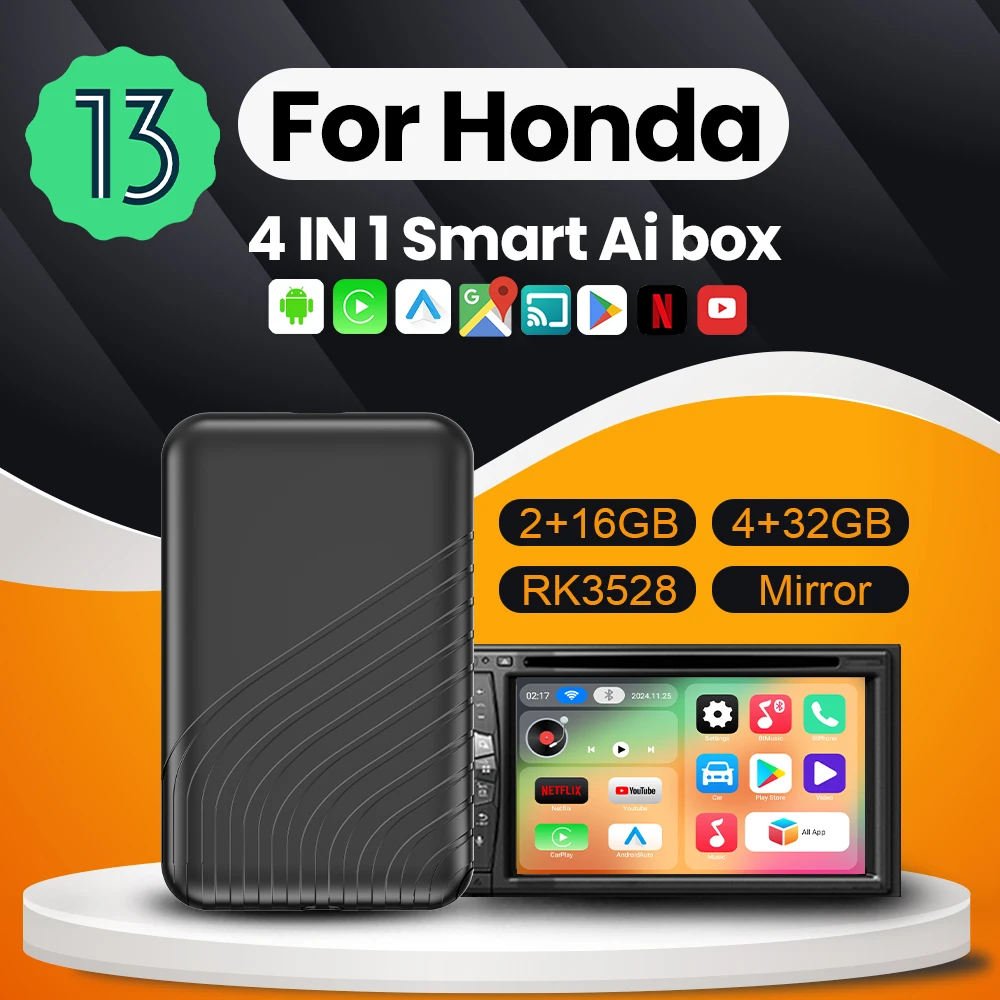 Беспроводной Carplay Android Auto CarPlay Ai TV Box Android 13 для Netflix Youtube для Honda Accord Civic Ridgeline CR‐V Pilot HR‐V