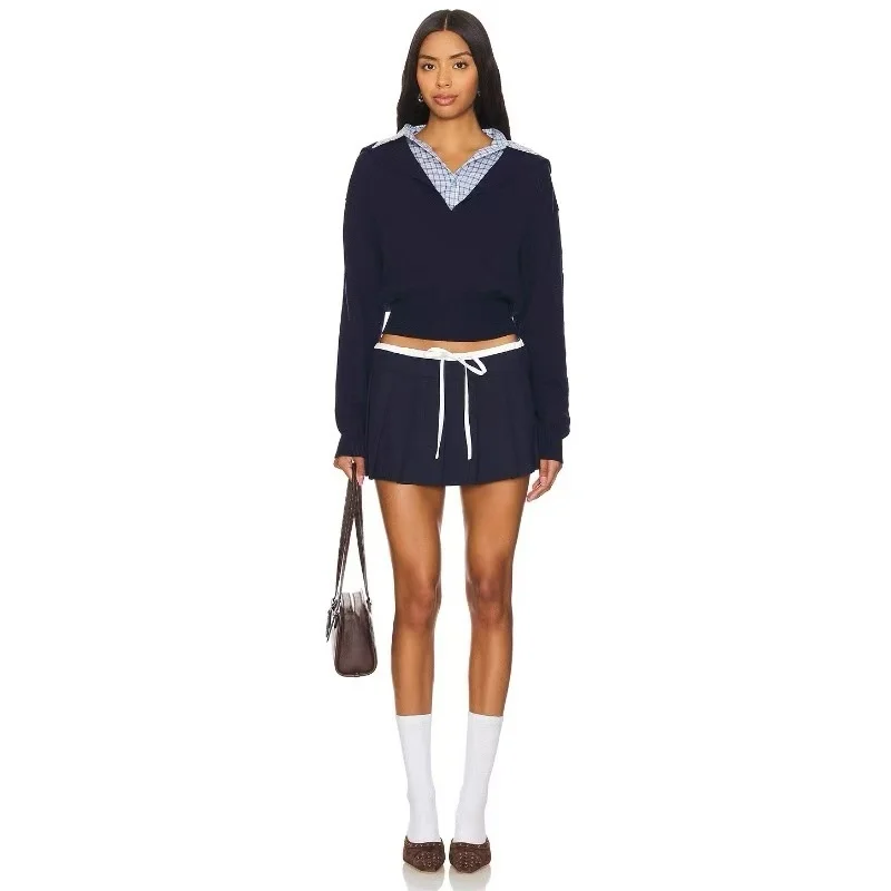 

Lion Autumnal False Two-Piece Knitted Sweater Royal Blue Collared Top College Sle Long Sve Casual Faion for Middle-...