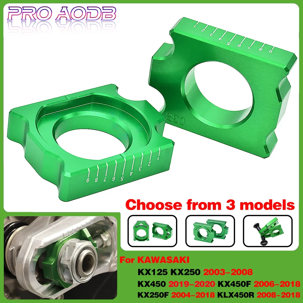 

CNC dirt bike Green Axle Block Chain Adjuster For KAWASAKI KX 125 250 03-08 KX450 19-20 KX250F 04-18 KX450F 06-17 KLX450R 08-18