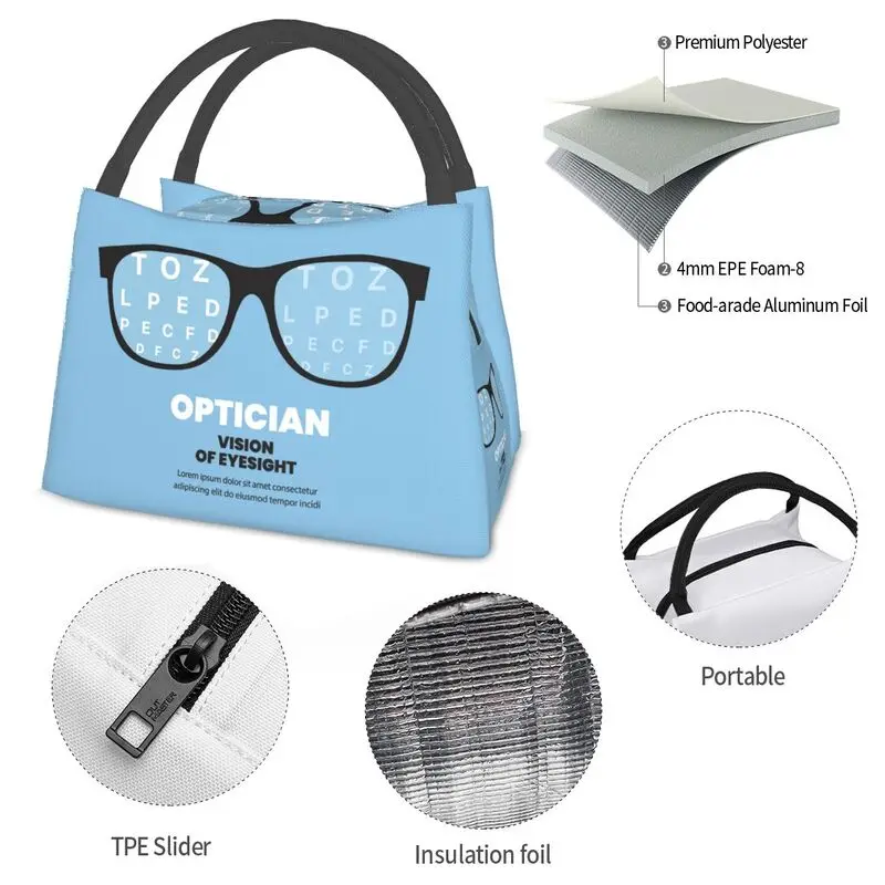 Optician Vision Glasses Resuable Lunch Box for Women Leakproof Eye Test Snellen Chart Thermal Cooler Food Insulated Lunch Bag