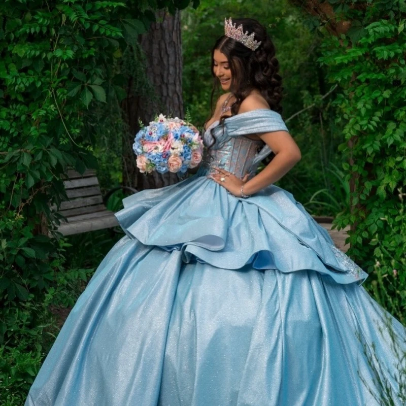

Customized Shiny sky blue Quinceanera Dresses Off the Shoulder sequin applique layering Long tail Bow Vestido 15 Quinceanera