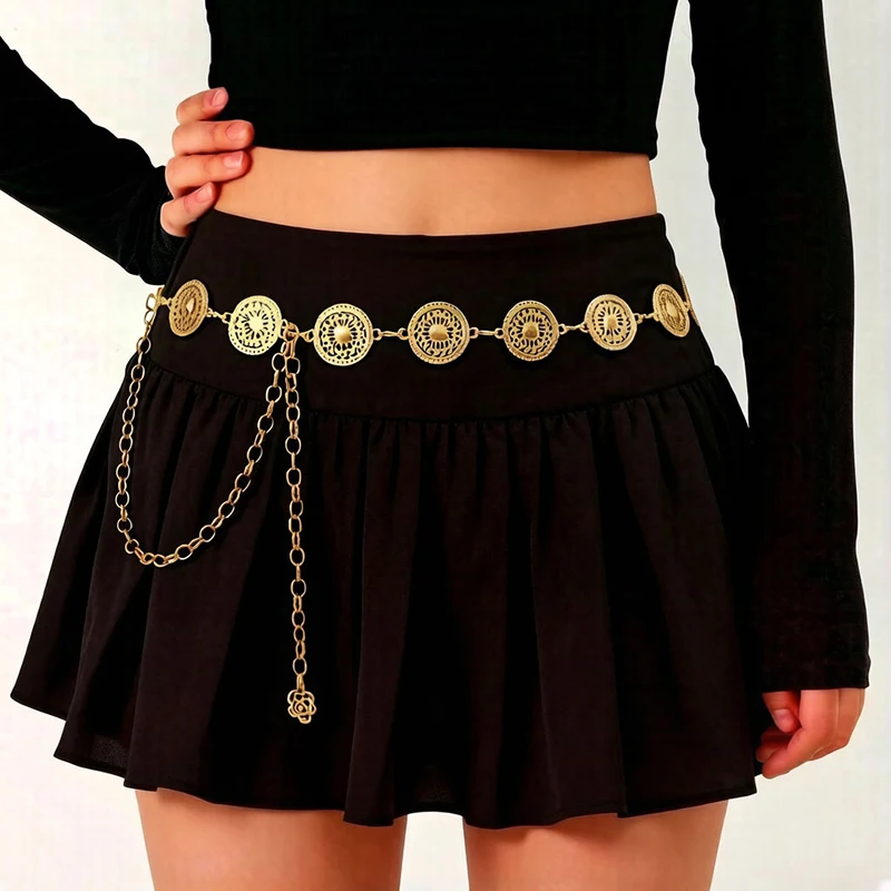 New Bohemian Metal Belt with Adjustable Round Disc Waist Chain for Women - Fashionable and Versatile Waist Decor