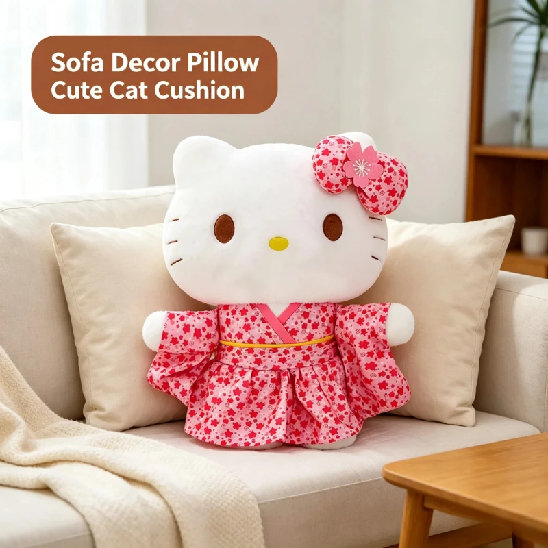 Sakura Bow Decor Hello Kitty Kimono Plush Doll, Fluffy Plush Cushion, Bedroom Sofa Pillow, Sweet Girls Holiday Gift