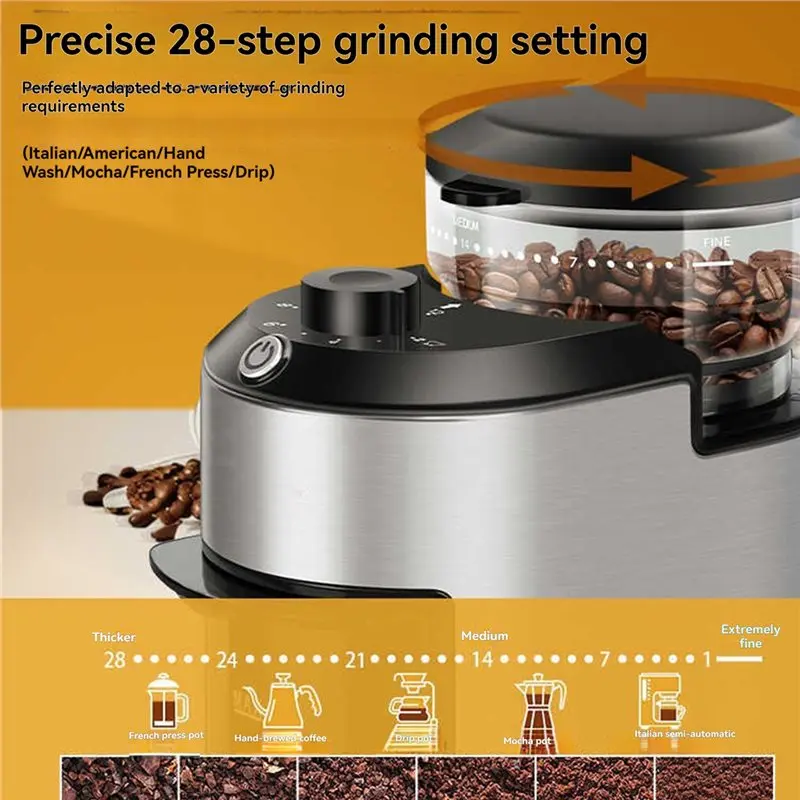 A38T-Automatic Burr Coffee Grinder 200W Electric Coffee Bean Grinder With 28 Precise Grind Settings Stainless Steel US Plug