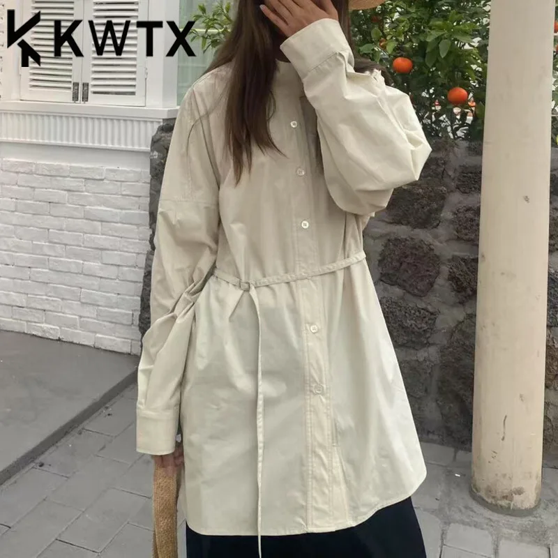 

KWTX Women's Premium Chic Casual Shirt Jacket Long Sleeve Belted Stand Collar Relaxed Fit Comfy Solid Spring Summer 2025