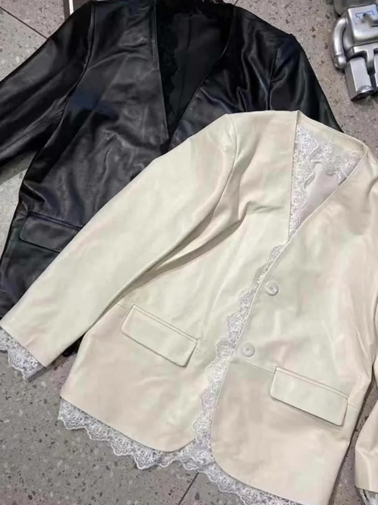 เสื้อแจ็คเก็ตหนังแท้ผู้หญิงแฟชั่นฤดูใบไม้ผลิ/ฤดูใบไม้ร่วง แต่งผ้าลูกไม้ คอวี ติดกระดุม แขนยาวปานกลาง ทรงหลวม ทำจากหนังแกะแท้