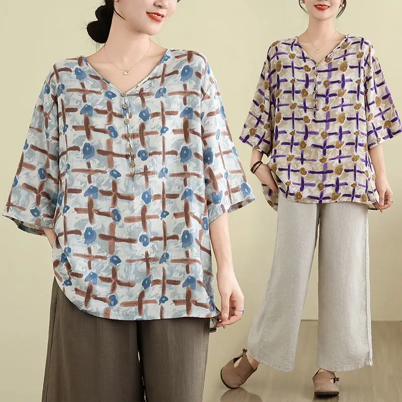 

Chubby Sister V-neck Five Sleeved Cotton and Linen Blouse New Summer Loose Casual Fashionable Plus Size Short Sleeved T-shirt