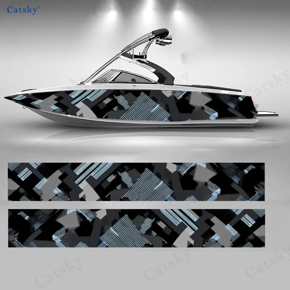 

2Pcs Cool Tone Block Graffiti Boat Stickers, PVC Waterproof Vinyl Wrap Decals for Fishing Boats, Durable and Stylish Design
