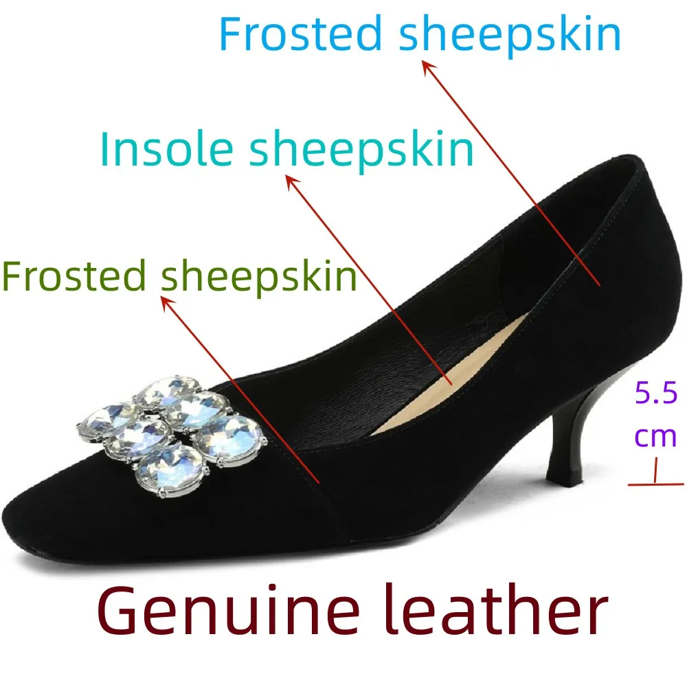 【JOCHEBED HU】Women Brand Genuine Leather Heels Shoes Square Toe High-End Fashion Sexy Night Club Party Wedding Heel Shoes 34-42