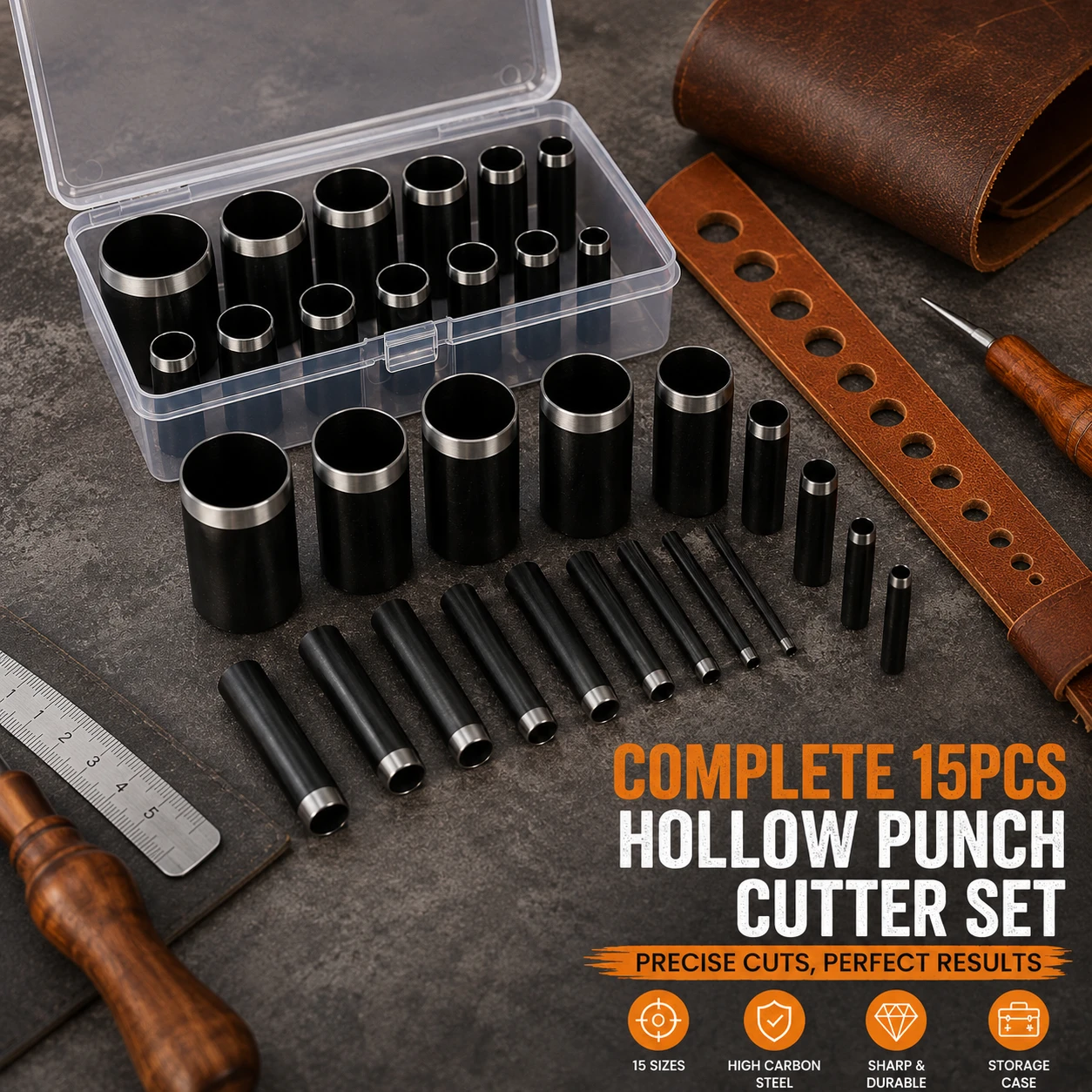 Kit de Ferramentas para Artesanato em Couro: Cortador de Furos Vazados e Conjunto de Punções Redondos de 15mm (15 Tamanhos) com Estojo de Armazenamento para Trabalhos DIY em Cintos