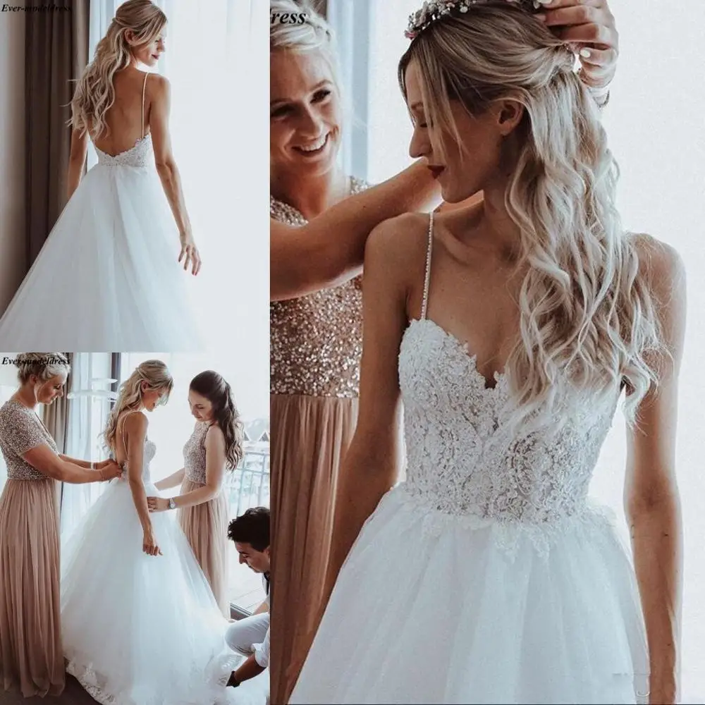 Beach Backless Wedding Dresses 2021 Spaghetti Straps A-Line Summer Lace Appliques Pearls Floor Length Bridal Gown Robe De Mariee