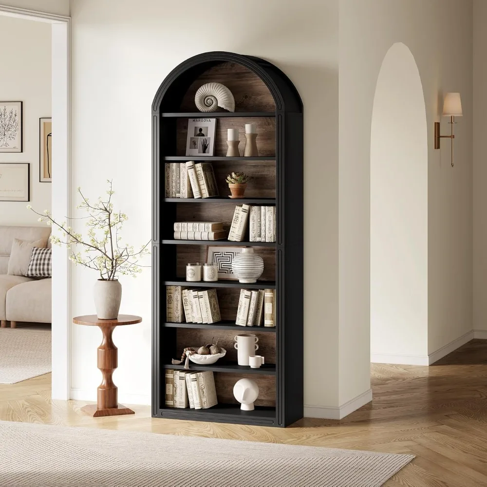 

modern 8-tier open wooden bookshelf with 78.7" height and arched top design