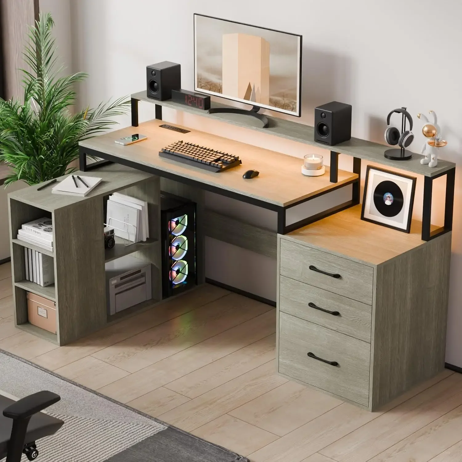 

L Shaped Computer Desk with 3 Drawers, 65.7" Large Desk with Power Outlet and LED Lights, Corner Computer Desk