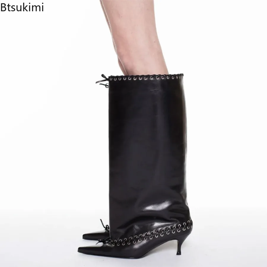 

2025 Autumn and Winter Fashion Show Women's Knee High Boots Pointed Toe Stiletto Female Long Boots Retro Cross-tied Ladies Shoes