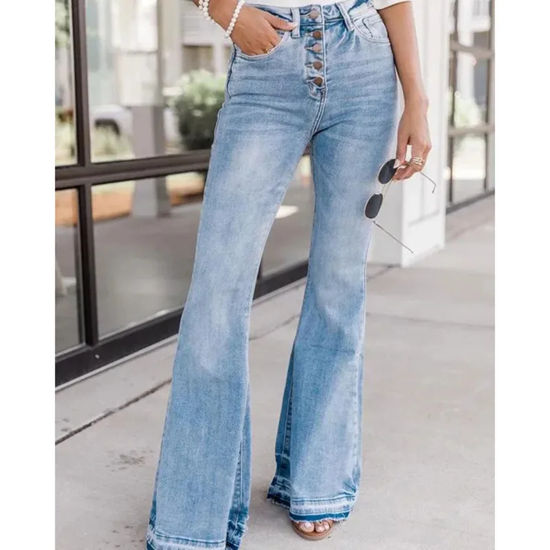 

Women's Jeans 2025 Spring Autumn New Solid Color High Waisted Button Pocket Design High Waist Casual Retro Flared Jeans