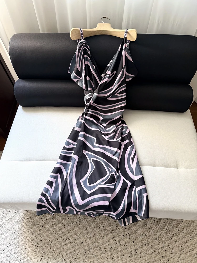 Summer Fashion Party Elegant Geometric Pattern Printing Silk Long Dress Women's Spaghetti Strap Ruched Slim A-Line Dresses